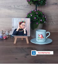 Unicorn Fotoğraflı Dekoratif Taş, Ahşap Altlıklı Türk Kahvesi Fincanı Hediye (Model 2)