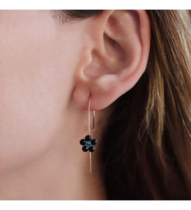Çiçek Siyah Swarovski Taşlı Rose Gold Kaplama Gümüş Çengel Küpe