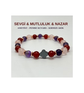 Sevgi & Mutluluk & Nazar Doğal Taş 6mm Elastik Bileklik Ametist-Pembe Kuvars- Kırmızı Akik