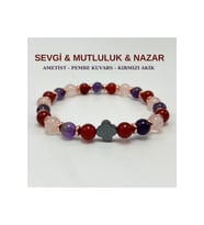 Sevgi & Mutluluk & Nazar Doğal Taş 6mm Elastik Bileklik Ametist-Pembe Kuvars- Kırmızı Akik