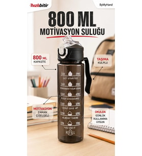 ByMyHand Siyah Taşıma Kulplu Kilit Kapaklı Pipetli Suluk Okul Matarası Motivasyon Matarası 800 Ml