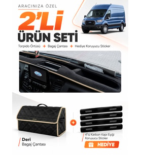 FORD TRANSİT TİP 1 (2020-2025) Uyumlu Torpido Örtüsü + Deri Bagaj Çantası + Sticker Seti - Siyah Bej