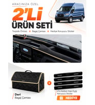 FORD TRANSİT TİP 1 (2020-2025) Uyumlu Torpido Örtüsü + Deri Bagaj Çantası + Sticker Seti - Siyah Bej