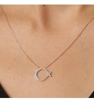 Taşlı Gold Ay Yıldızlı Kolye (Altın)
