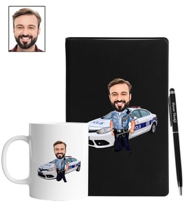 Kişiye Özel Polis Tasarımlı Karikatür Siyah Defter Kalem Kupa Seti 118