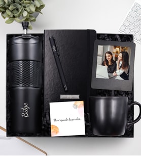 Kişiye Özel French Press Termos & Kişiye Özel Siyah Defter & İnstagram Çerçeve & Mat Siyah Kalem & Siyah Kupa Hediye Seti