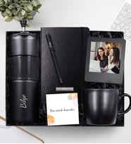 Kişiye Özel French Press Termos & Kişiye Özel Siyah Defter & İnstagram Çerçeve & Mat Siyah Kalem & Siyah Kupa Hediye Seti
