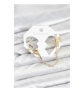 Mey İthalat® Kelebekli Model Pirinç Gold Renk Zincir Bağlantılı Ear Cuff Küpe Seti