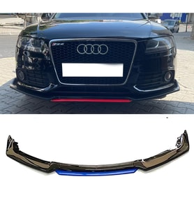 Audi A4 B8 Mavi Renkli Şeritli Dilli Ön Lip 4 Prç Parlak Siyah ABS