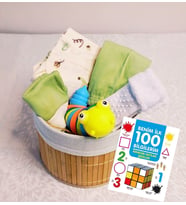 Yenidoğan Hediye - iki Dilli Erken Öğrenme & İlk Konfor Lüks Seti  / Benim İlk 100 Bilgilerim Renkler Sayılar Şekiller (Yuvarlak Hasır Sepet & Tak Çıkar Tırtıl)  Grupsal Ofis (Yeşil)