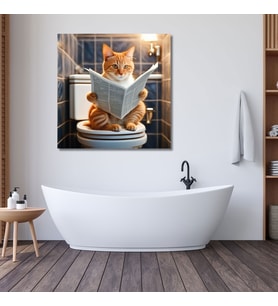 Tekli Kare Kanvas Banyo Tablosu Gazete Okuyan Sarı Sarman Kedi