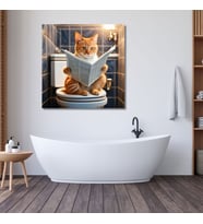 Tekli Kare Kanvas Banyo Tablosu Gazete Okuyan Sarı Sarman Kedi