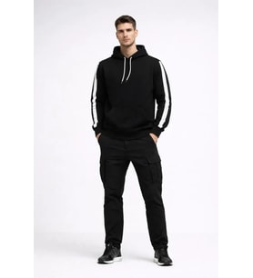Erkek Şeritli Kapüşonlu Sweatshirt Oversize 3 Iplik Pamuklu - Siyah