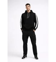 Erkek Şeritli Kapüşonlu Sweatshirt Oversize 3 Iplik Pamuklu - Siyah