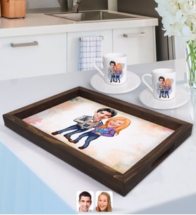 BK Gift Kişiye Özel Sevgililer Karikatürlü Doğal Ahşap Tepsi ve 2’li Kahve Fincan Seti-50