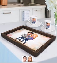 BK Gift Kişiye Özel Sevgililer Karikatürlü Doğal Ahşap Tepsi ve 2’li Kahve Fincan Seti-50
