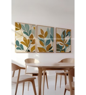 Minimalist Yaprak Desenli 3 Parçalı Ahşap Çerçeveli Tablo Seti -2