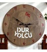Ahşap Desen Duvar Saati - Dur Yolcu, Çanakkale Geçilmez - Epoksi Reçine Kaplamalı - 40 cm (Çok Renkli)