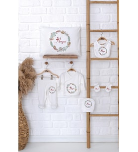 Pia Baby Premium %100 Pamuk İsme Özel Kız Bebek Hediye Seti Zıbın Yastık Kılıfı 5017-06 (Ekru)