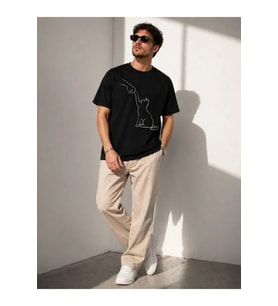 Erkek Minimal Kedi Çizim Baskılı Tişört Kısa Kol Yazlık T-Shirt - Siyah