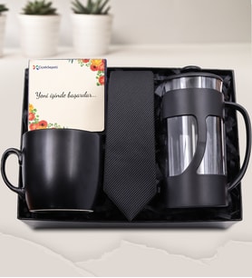 Siyah Modern Kupa & Siyah Kravat & Siyah French Press Hediye Seti