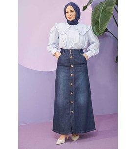 2287-Denim Dikişli Etek Koyu Mavi