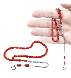 Ateş Kehribar Tesbih - 925 Ayar Gümüş Püsküllü - Mini Boy - Turuncu Kırmızı Renk - Kapsül Kesim