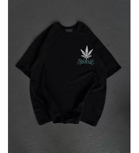 Unisex Bisiklet Yaka Baskılı Oversize T-Shirt - Siyah