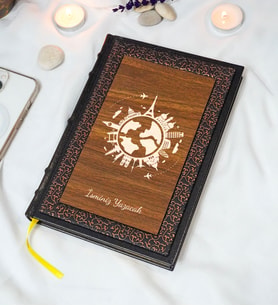 Dünya Desenli Termo Deri + Ahşap Anı Defteri - Çizgili Defter - Hediyelik (17x24 cm- 320 Sayfa)