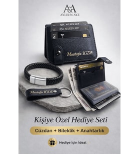 AYLEEN AYZ Kişiye Özel Erkek Hediye Seti – İsimli Deri Cüzdan Kartlık + Bileklik + Anahtarlık (Hediye Kutulu) (Siyah)