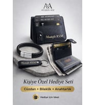 AYLEEN AYZ Kişiye Özel Erkek Hediye Seti – İsimli Deri Cüzdan Kartlık + Bileklik + Anahtarlık (Hediye Kutulu) (Siyah)