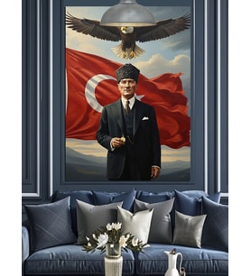 Dalgalanan Bayrak Atatürk ve Gökteki Kartal Dekoratif Kanvas - Mdf Ahşap Tablo