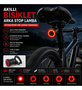TriLine Akıllı Bisiklet Kuyruk Lambası Fren Sensörlü Type-C Şarjlı IPX6 Su Geçirmez LED Arka Stop Işığı