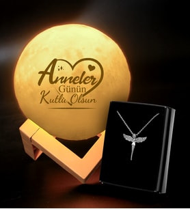 Anneler Gününe Özel 3D Ay Şeklinde Dekoratif Gece Lambası (Standlı) & Gümüş Kaplama Melek Kolye