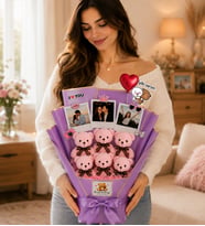 Kişiye Özel 3 Fotoğraflı 6 Peluş Ayıcıklı Buket Kalp Balonlu ve İyi Ki Varsın Stickerlı Mor Hediye Buketi