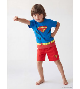 LCW Kids Mavi Superman Baskılı Erkek Çocuk Şortlu Pijama Takımı