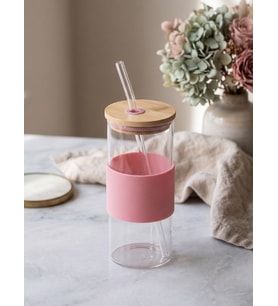 Bambu Kapaklı Cam Pipetli Kupa 400 Ml 1 Adet Gri