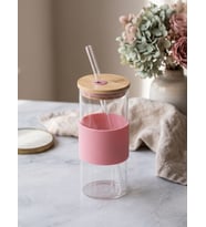 Bambu Kapaklı Cam Pipetli Kupa 400 Ml 1 Adet Gri