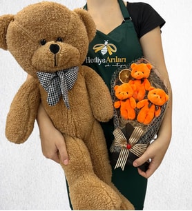 Büyük Boy Kahverengi Peluş Ayıcık ve 3'lü Peluş Ayıcık Buketi (Model 4)