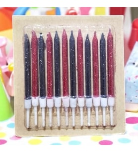 DOĞUM GÜNÜ PASTA MUMU KIRMIZI SİYAH 12 ADET SİMLİ  MUM 10 CM KUTLAMA MUMU