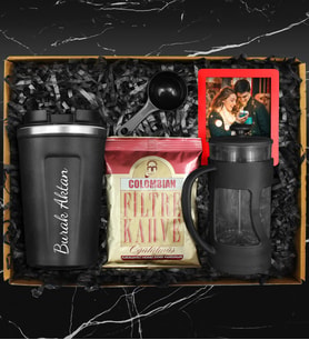 Kişiye Özel Starbucks Model Çelik Termos & Ölçekli French Press & Columbian Taze Filtre Kahve & Fotoğraf Hediye Seti