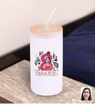 BK Gift Kadınlar Gününe Özel Karikatürlü Beyaz Renk Pipetli Buzlu Cam Bardak 600ml - 5, 8 Mart Kadınlar Günü