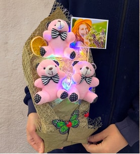 Renkli Led Işıklı Fotoğraflı Özel Pembe Ayıcıklı Büyük Boy Peluş Ayıcık Buketi (Model 1)