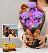 Kişiye Özel Fotoğraflı Renkli LED Işıklı Mor Peluş Ayıcık Buketi ve Baykuş Fotoğraf Tutucu
