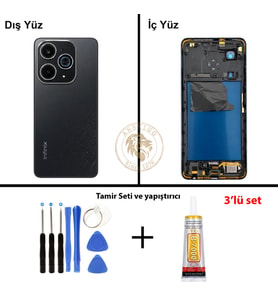 Infinix Hot 40İ Siyah Uyumlu Orta Kasa + Yapıştırıcı ve Vida Seti Full Kasa Kapak Gövde Housing