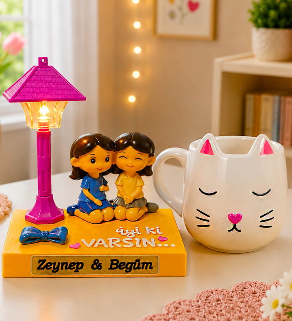 Kişiye Özel İyi Ki Varsın Arkadaşa Hediye Masa Lambası & Ponçik Kedi Kupa