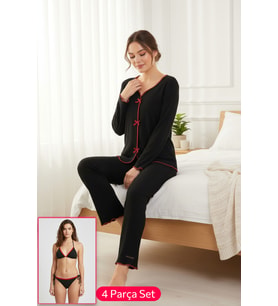 Premium Kadın 4’lü Fitilli Set – Siyah Kırmızı Biyeli (Pijama Üst, Pantolon, Bikini Takımı)