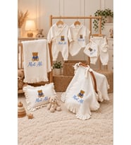 Baby Clime Hastane Çıkışı Seti Ayıcık Desenli Kişiye Özel Nakış Görünümlü 3D Baskılı Müslin Set Erkek Bebek