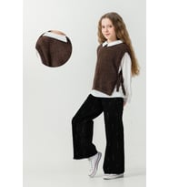 KIZ ÇOCUK PELUŞ SÜVETER MODELLİ 3LÜ PANTOLONLU TAKIM (Kahverengi)
