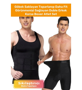 Özel Üretim Fit Görünüm Sağlayan İnceltici Rahat Atlet Ve Boxer İnceltici Erkek Korse 2'li Set (Siyah)